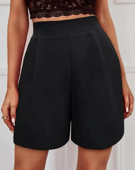 

Women's Summer 2025 New High Waist Formal Shorts Solid Color Wide Leg Casual Horn Loose Woven Suit Shorts Women's Wear
