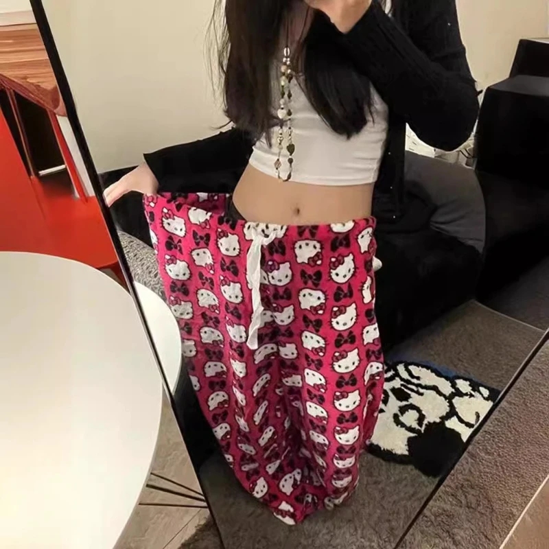 

Cartoon Pattern Hello Kitty AnimeY2k Kawaii Flannel Pajamas Women'S Warm Woolen Cartoon Casual Home Fashion Pants Autumn Winter