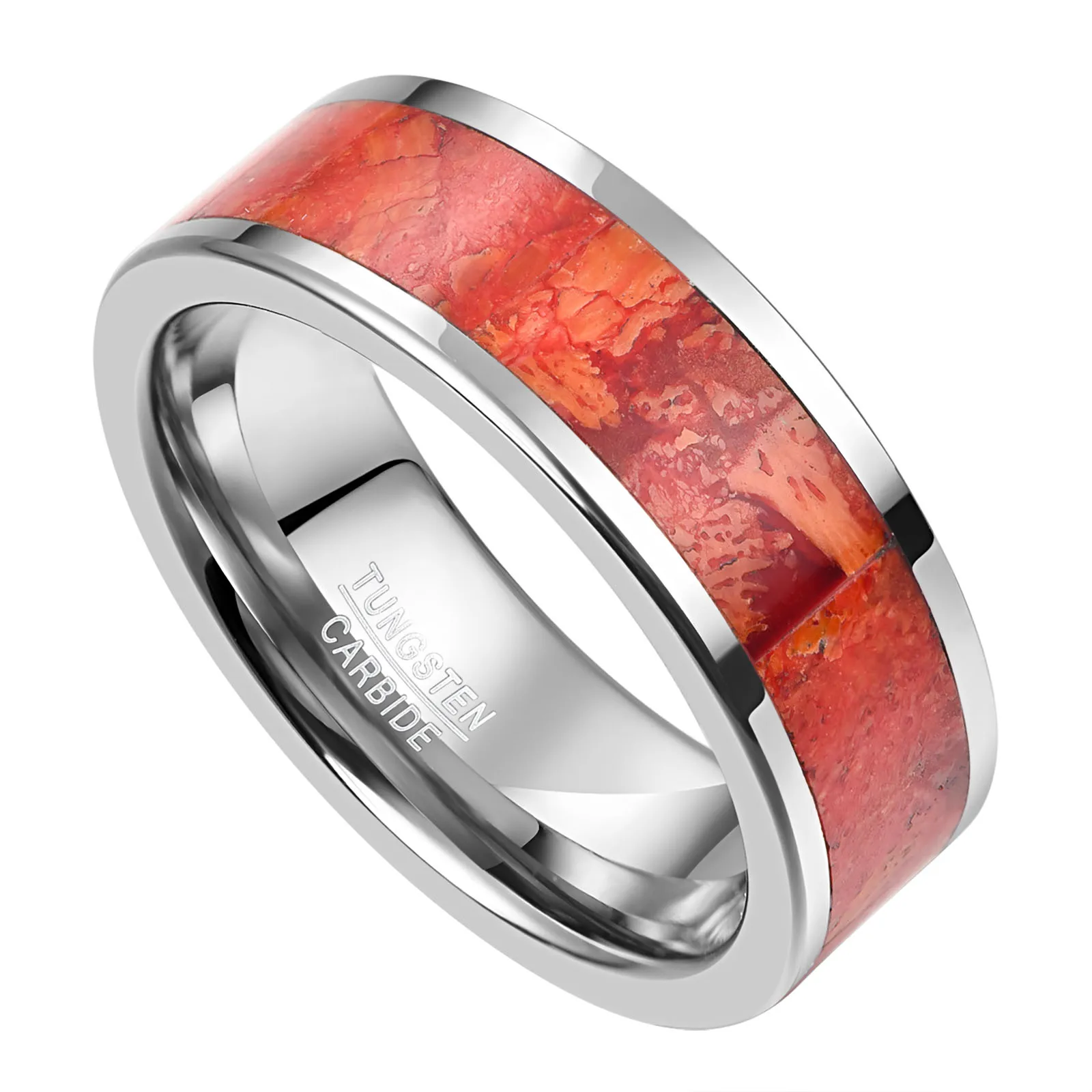 Nuncad 4mm 8mm Tungsten Carbide Steel Ring Falt Steel Brushed Inlaid  Red Grass Coral Ring For Men Fashion Jewelry