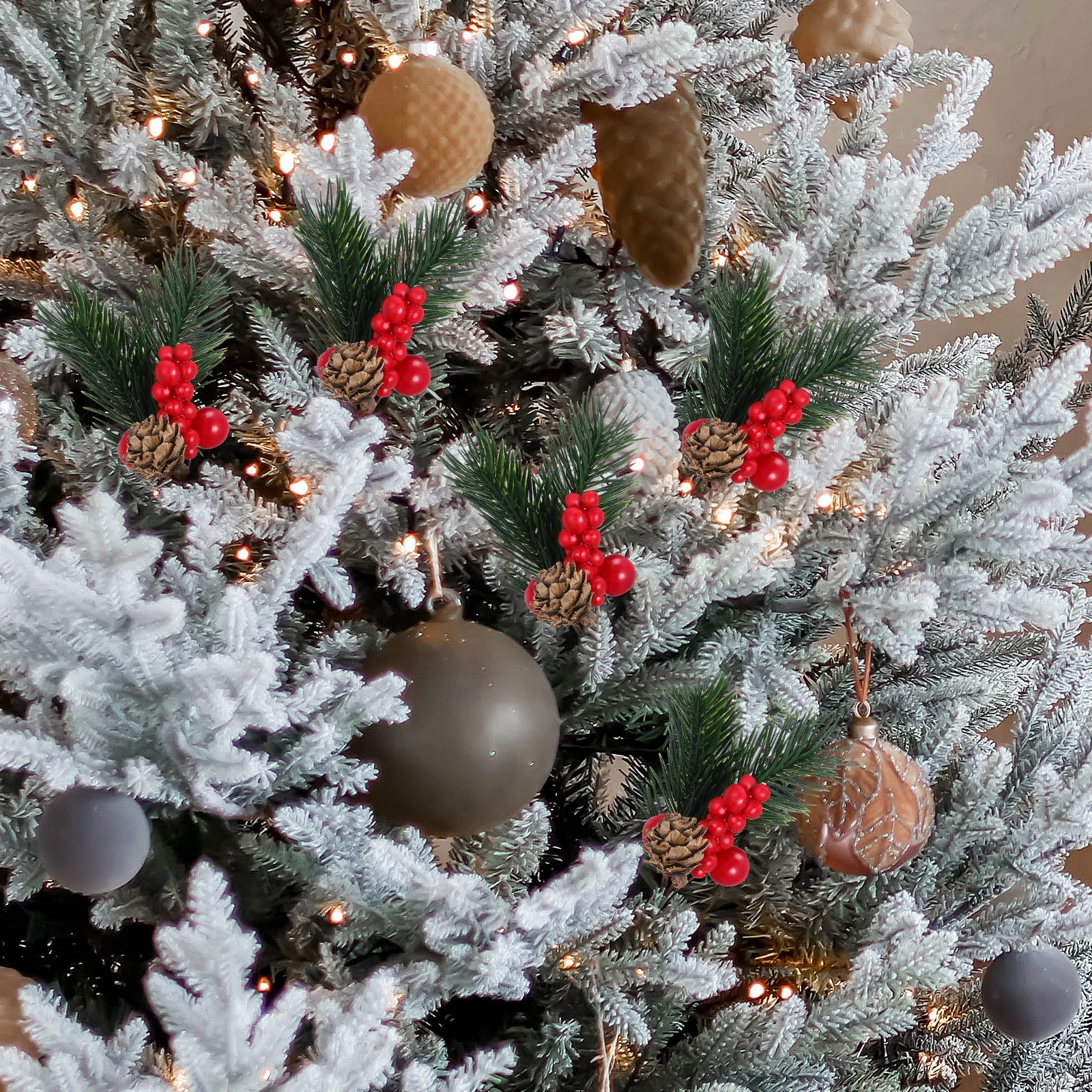 

10 Pcs Christmas Pine Branches Artificial Red Berry Stems Xmas Decor Spruce Needles Table Centerpiece Holiday Crafts Making Gift