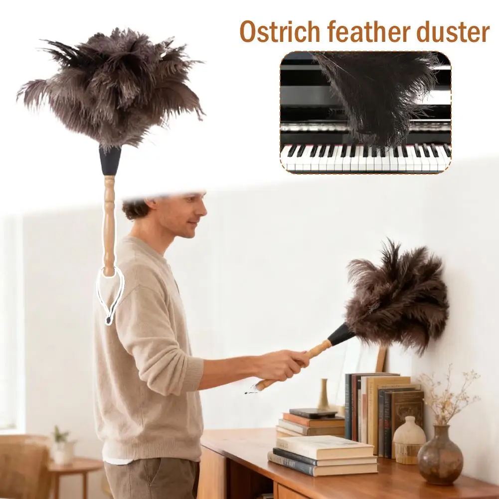 Plumero con Mango de Madera, Plumero Antiestático para Eliminar el Polvo, Plumero de Avestruz, Cepillo de Plumas para Herramientas de Limpieza del Hogar