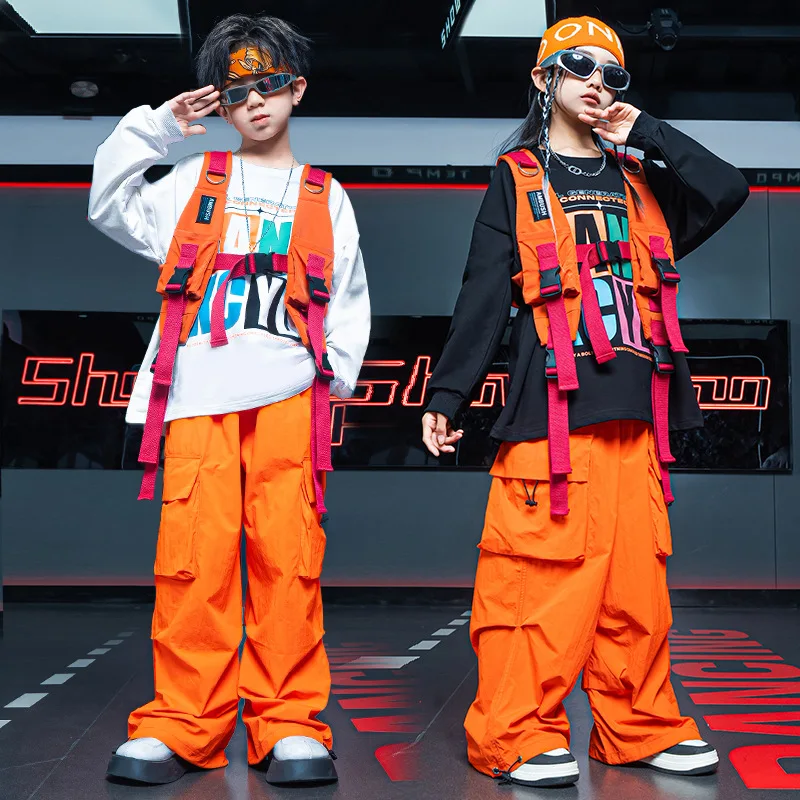 Kid Kpop Hip Hop Clothing Letters Print Sweatshirt Top Orange Casual Ruched Cargo Pants for Girl Boy Jazz Dance Costume Clothes