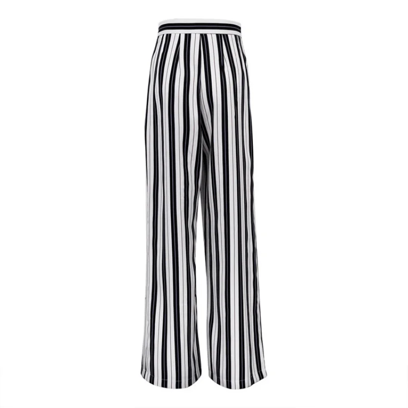 Women's Black and White Striped Wide-Leg Pants, Casual Slimming Pants, High Waist, Loose Drooping, Mop Trousers, New