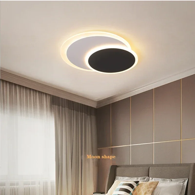 

Nordic White Black Moon Type Led Round Ceiling Lamp For Living Room Study Bedroom Kitchen Wrought Iron Acrylic Home Lighting