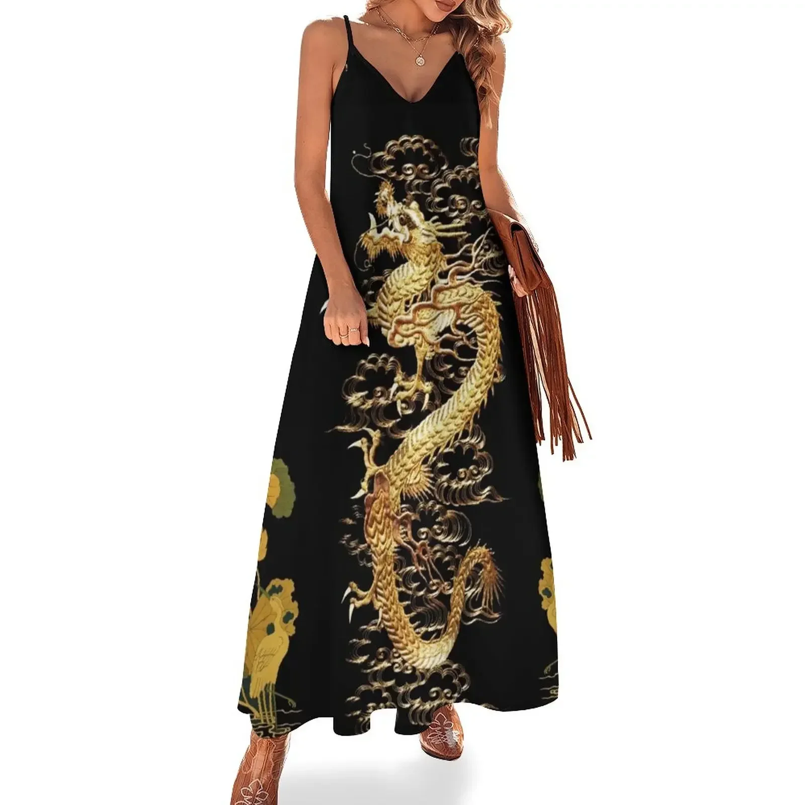 

GOLD DRAGON IN BLACK,Egret,Lotus,Green GoldFloral Sleeveless Dress Women's summer suit Dress for girls womens dress