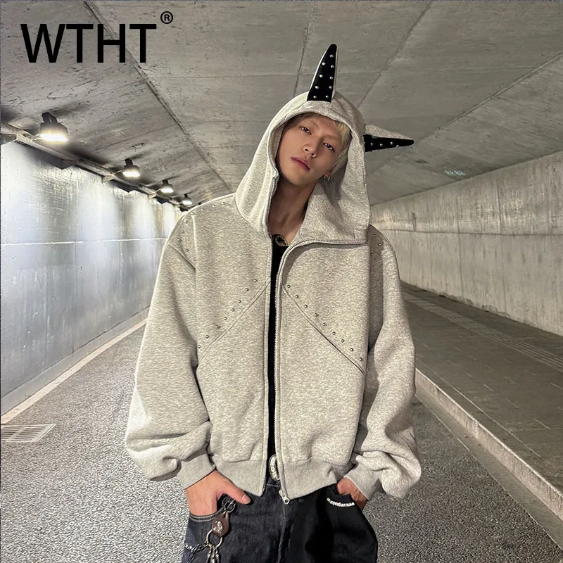 

WTHT винтажные мужские лоскутные заклепки, уличные пальто, модные куртки с капюшоном и длинными рукавами, мужские куртки в американском стиле, осень 2023, 2A1802