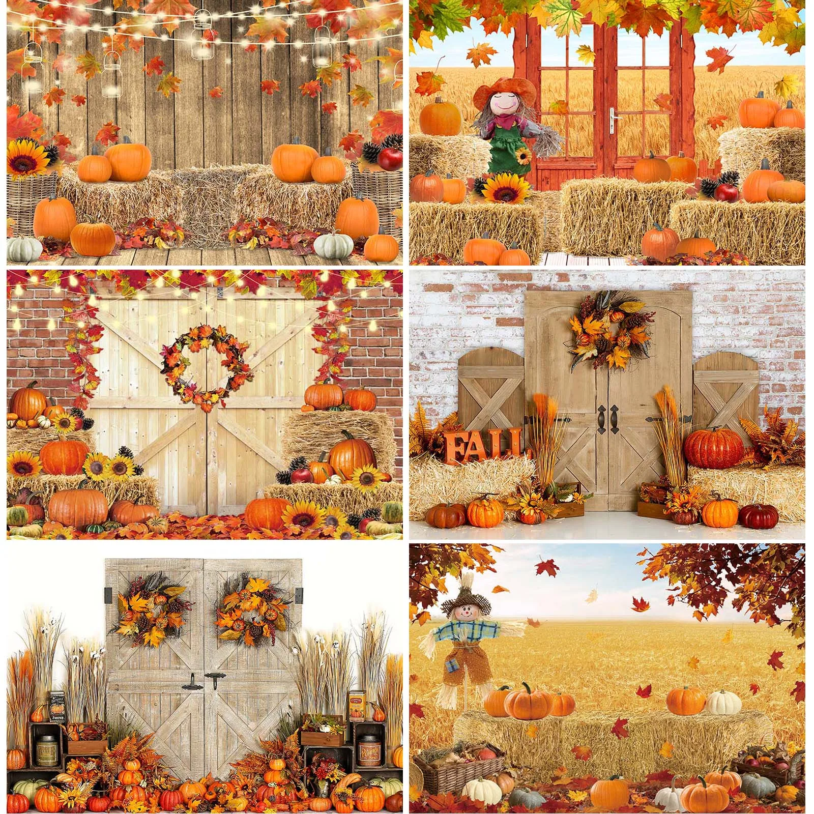 

Autumn Pumpkin Harvest Photography Backdrop Haystack Brick Wall Wood Door Party Decor Backdrop Cake Smash Photo Studio Props