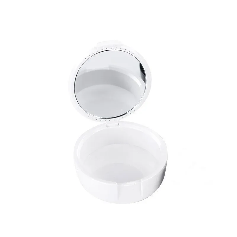 Caixa de armazenamento de dente oval compacta com espelho para dentaduras com design preto e branco caixa retentora ortodôntica portátil