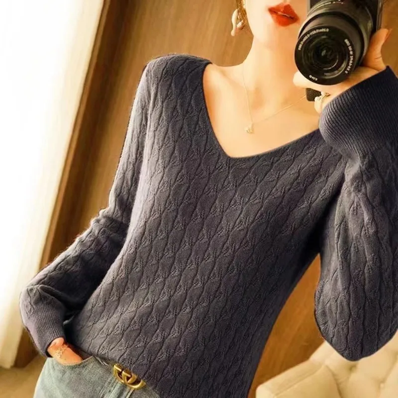 Women Autumn Simplicity Loose Fashion Hollow Out V-neck Long Sleeve Knitwear Women Clothes Temperament Knitting Bottoming Shirt