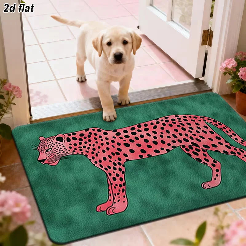 VIKAMA Pink Leopard Print Rectangle Doormat Dark Green Base Walking Pink Cheetah Pattern Non Slip Water Absorbent EntryFloor Mat