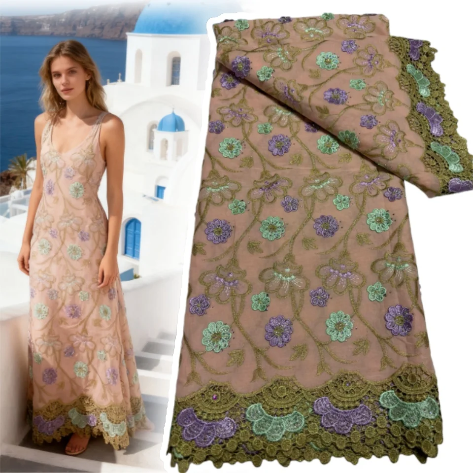 

2026 African Guipure Cord Lace Fabric with Nigerian Stones Water Soluble High Quality for Sewing Women's Dresses 5 Yards 1935