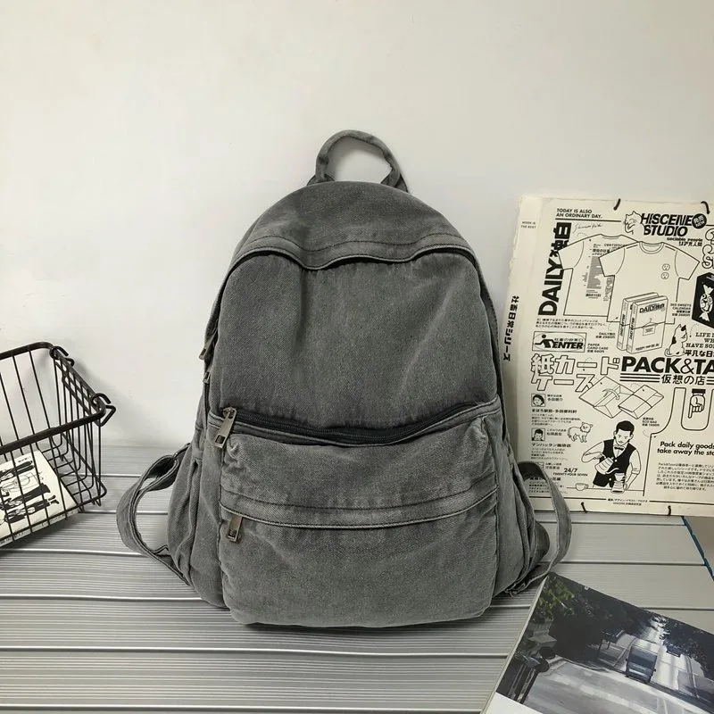 Vintage Simple Fashion Blue Gray Denim School Travel Backpacks for Women College Students Large Capacity Schoolbag Shoulder Bags