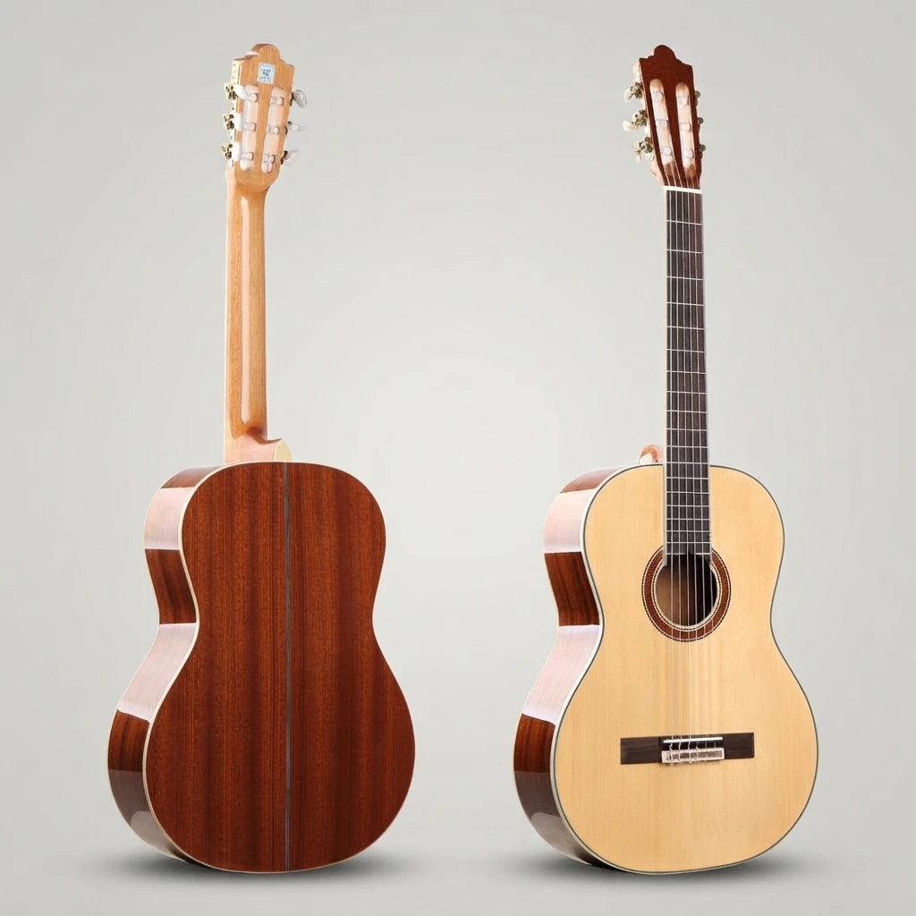 Classical Nylon String Acoustic Guitar, Natural Gloss Top Red-Brown Back, Slotted Headstock, White Tuners for Beginners Practice