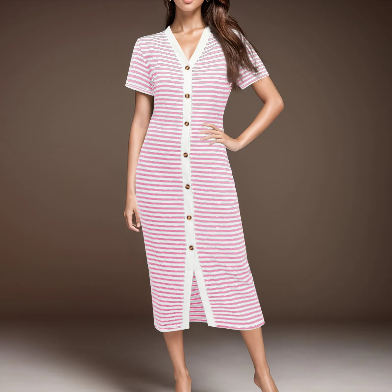 

Women'S Fashion 2024 Knitted Stripe V Neck Long Dress Women Vintage Short Sleeve Front Button Versatile Female Midi Dresses