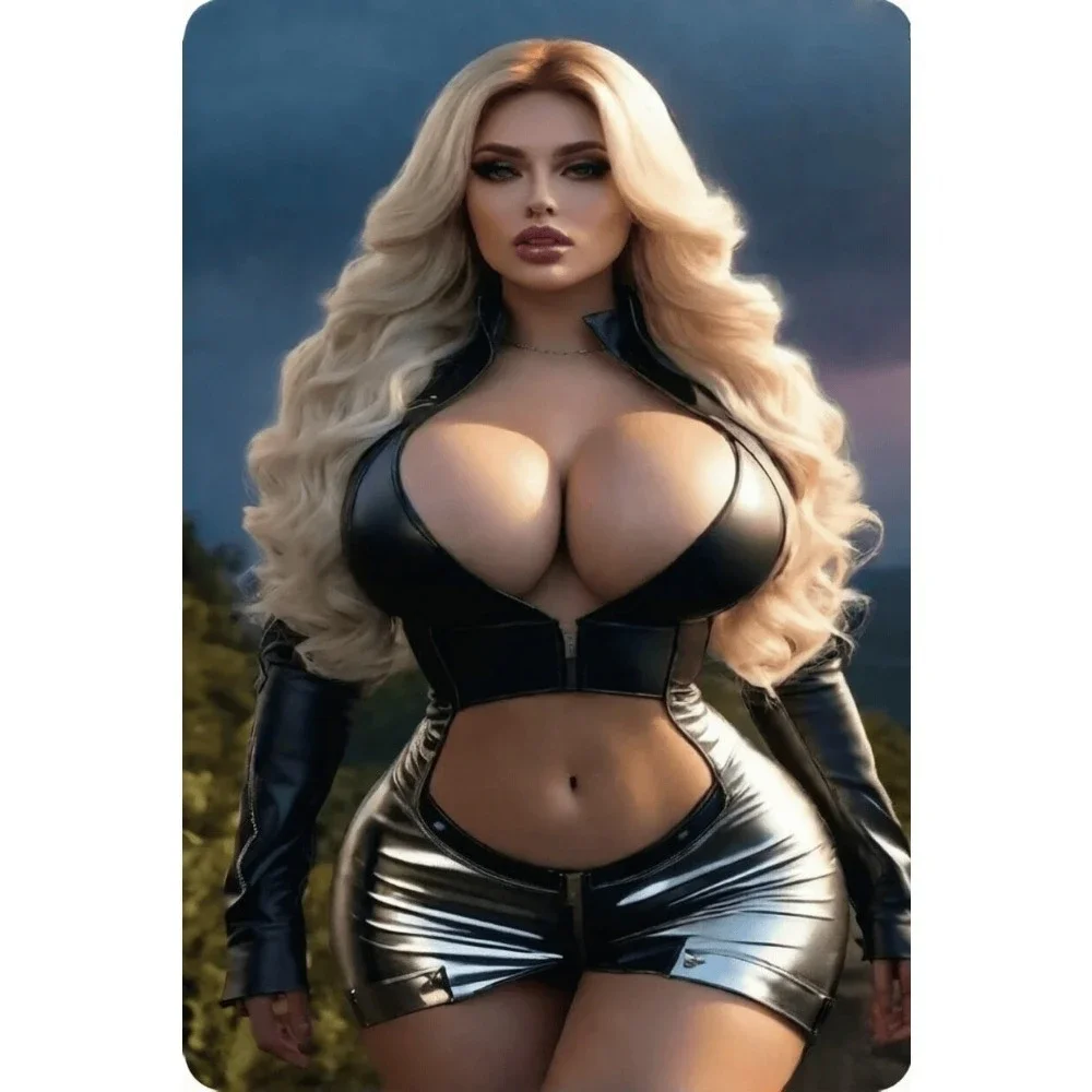 2D Blonde Leather Jacket Girl Aluminum Sign,Cool Elegant Western Mixed Model Wall Art for Room Bathroom Man Cave Party Bar De