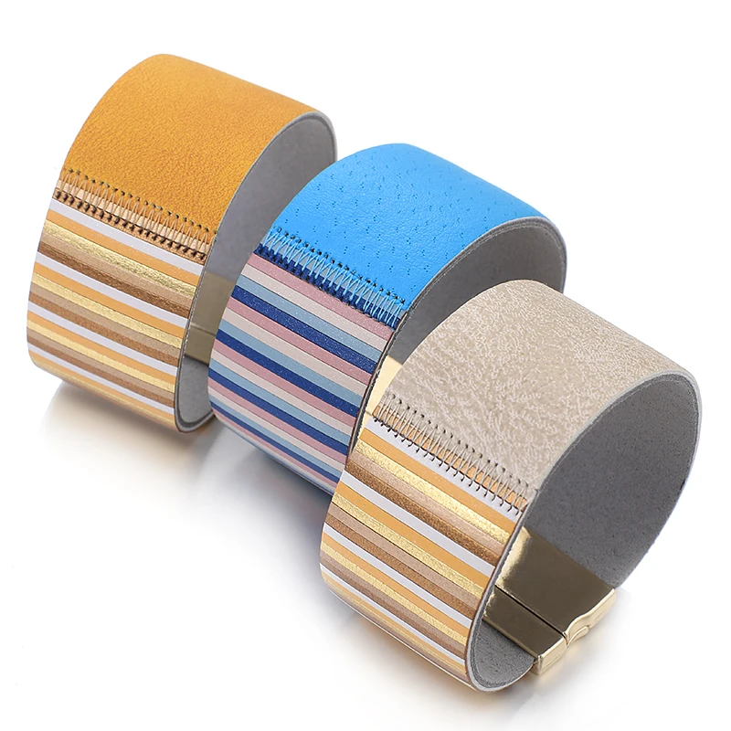 

Amorcome Minimalist Colored Striped Leather Bracelet for Women Trend Package Magnetic Buckle Wide Bangle Exquisite Jewelry Gift