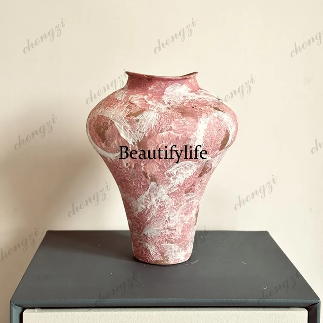 Handmade ceramic vase, new Chinese retro coarse pottery flower ware, light luxury and high-end sense, ornament, vase