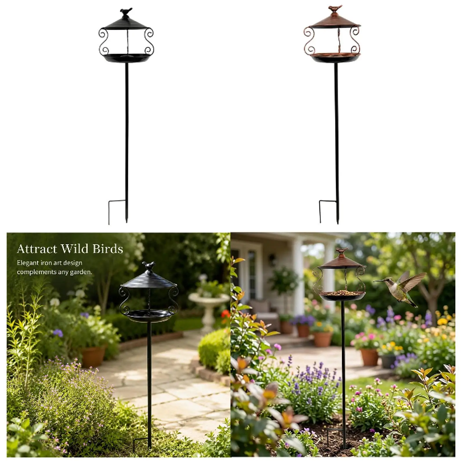 Bird Feeder with Ground Stake Standing Bird Bath Unique Iron Decor Outdoor Birdbath Feeding Station for Outside Lawn Backyard