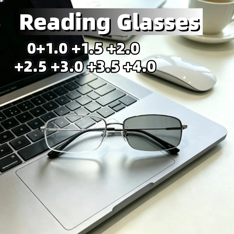 Photochromic Presbyopia Glasses for Men Women Half Rim Gold Frame Reading Glasses with 0 To 400 Diopters for Outdoor Use