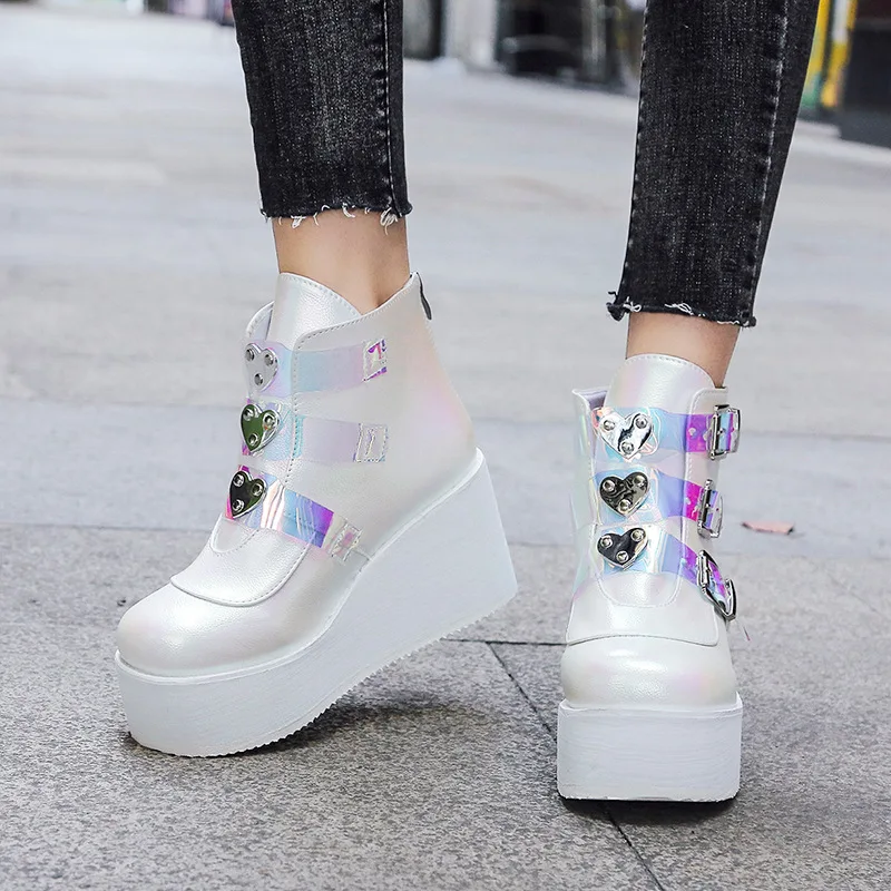 Ankle Boots Female Wedges Shiny Belt Buckle Platform Booties Luxury Designer Shoes Woman Casual Comfortable Walking Short Boots