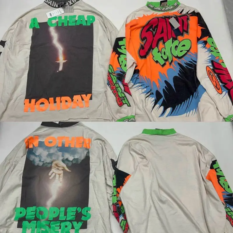 Saint Long Sleeve Tshirt Retro Street Printed Stand Up Collar Tops Burning Lightning Men Women Motorcycle Cut Edge Hiphop Outfit