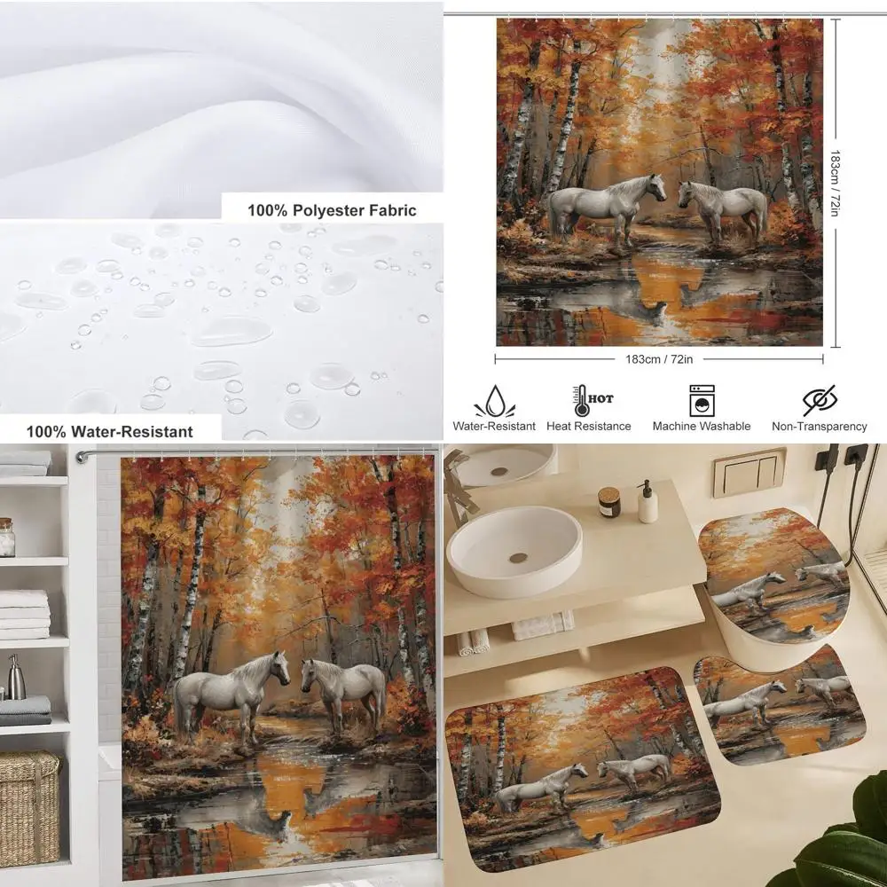 

Nature-Inspired River Horse Shower Curtain Set with Non-Slip Mat, Toilet Lid Cover, and 12 Hooks