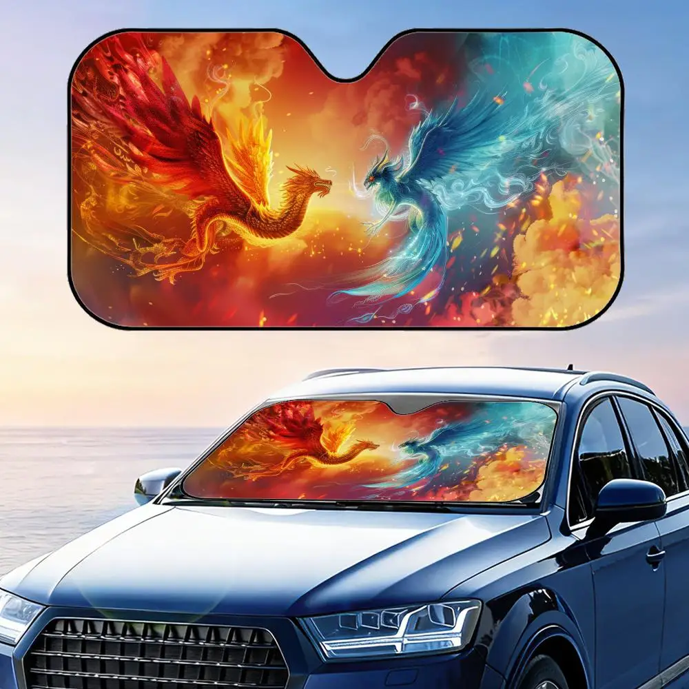 Dragon and the Phoenix Sun Visor Foldable Universal Car Windshield Sun Shade UV Protection Heat Insulation Foldable Cover
