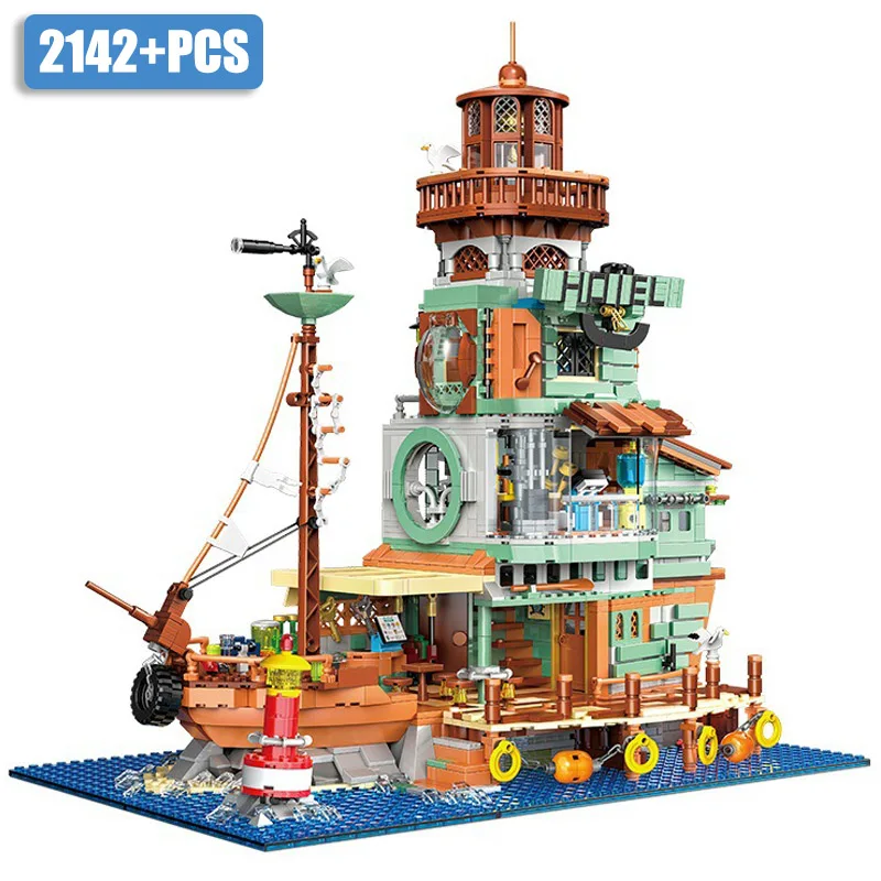 

City MOC 2142pcs Harbour Pirate Ship Hotel Model Mini Size Building Blocks DIY Fisherman Wharf Boat Bricks Toys For Kids Gifts