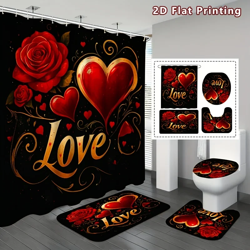 4pc 2D Flat Romantic Love Shower Curtain Set, Red Roses & Golden Hearts Pattern, Valentine's Day Home Bathroom Decor