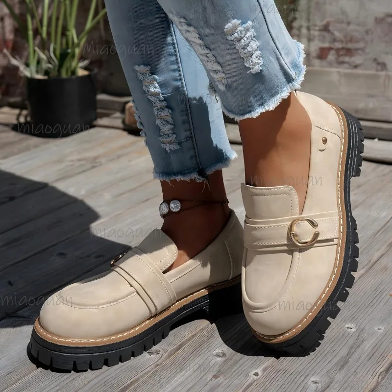 

Plus Size36-43 Women's Vintage Soft Leather Loafers Platform Sole Slip on Chunky Flat Shoes Autumn Casual Mule Shoes Comfortable