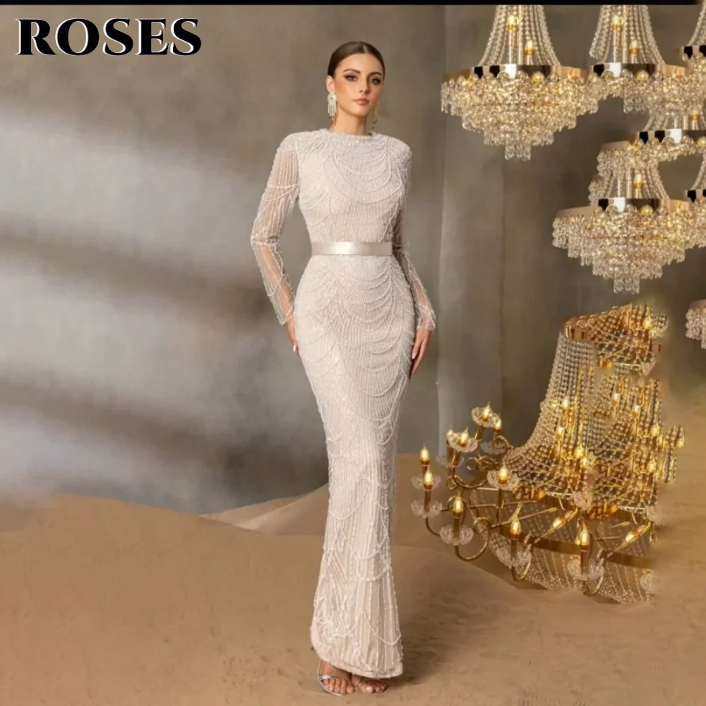

ROSES Ivory 프롬 드레 with Beadings O-neck Prom Gown Regular Sleeve and Trumpet Split Party Dresses for Formal Event Customized