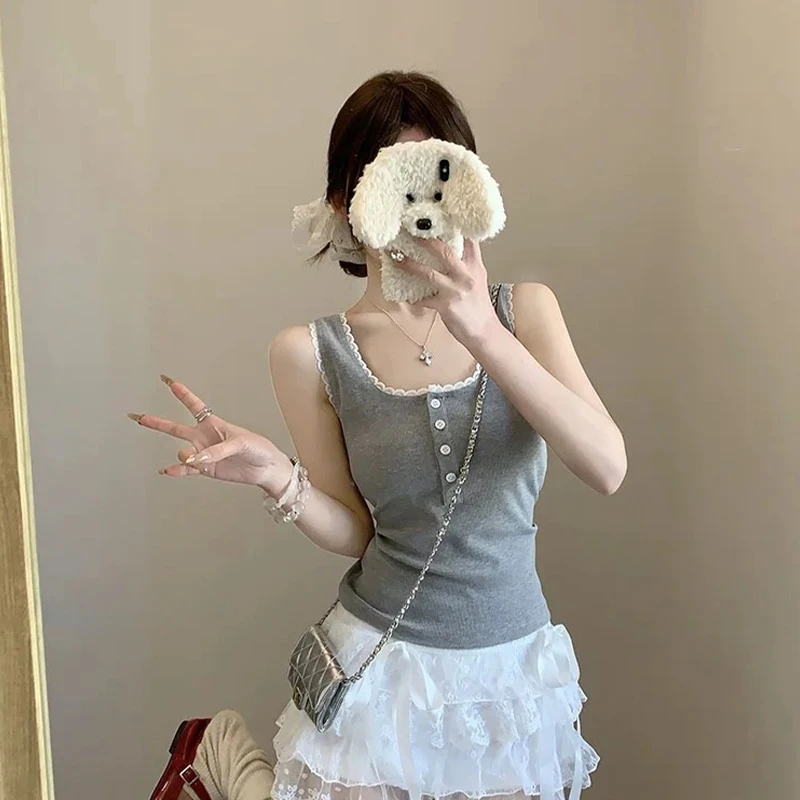 

Summer Pure Desire U-neck Lace Patchwork Sleeveless Slim Knitted Vest For Women