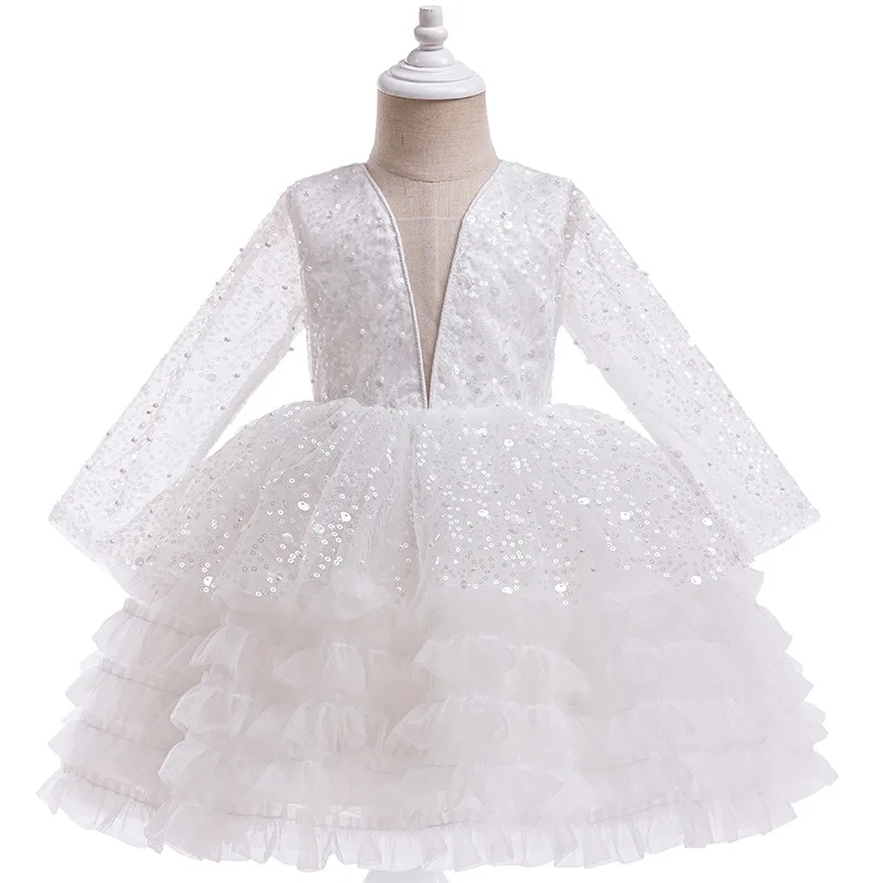 

Children's Princess Party Costume Long Sleeve Sequined Ballet Tutu 2024 Fashion V-neck Mesh Dress Stage Performance Party Dress