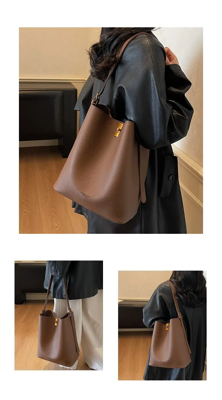 Minimalistische Kamelbraune Kunstleder-Bucket-Bag, genarbte Textur mit Schlossakzent, vielseitige Alltagstasche für Arbeit & Ausflüge – Detail 1
