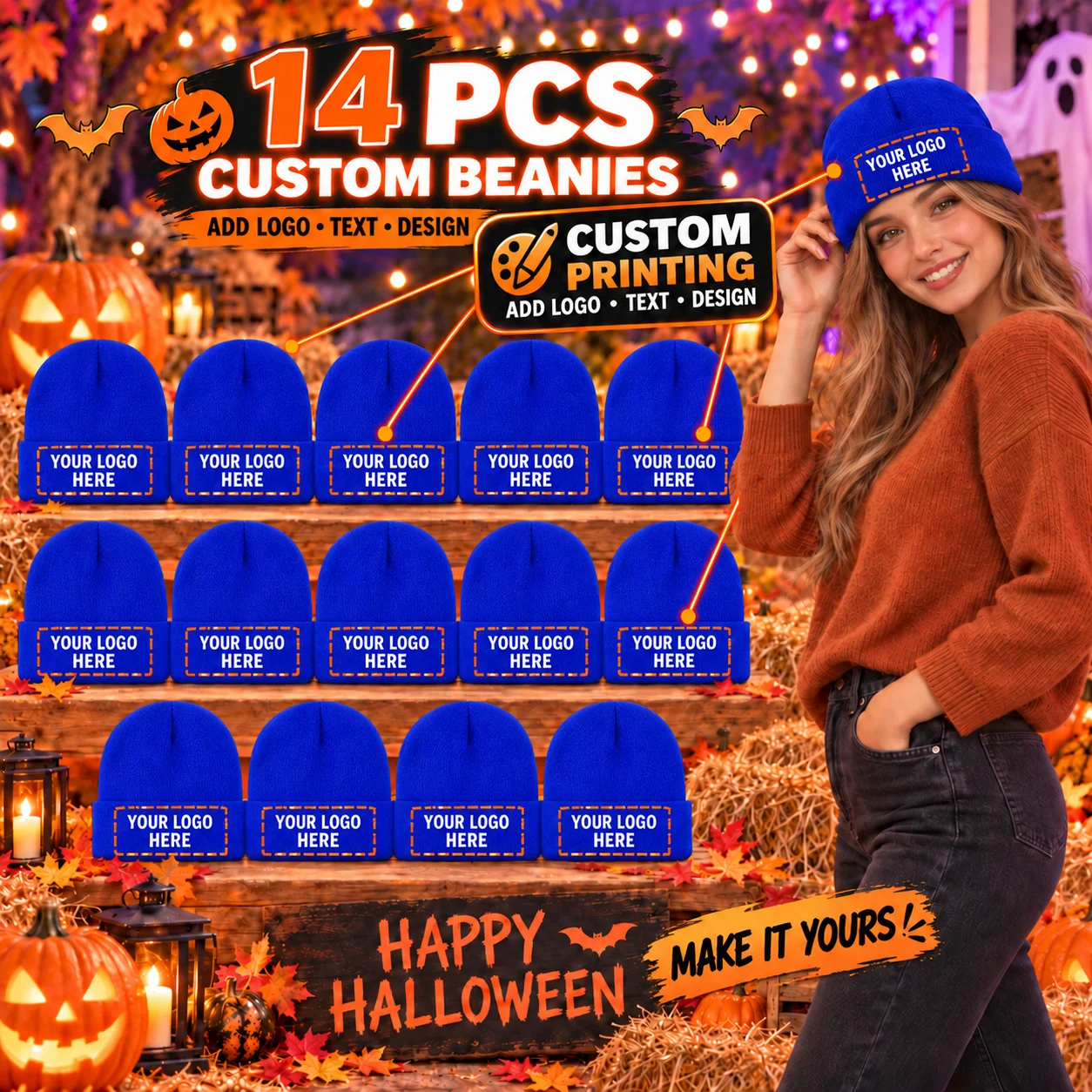 14Pcs Custom Knit Beanies, Personalized Logo Text Winter Hats, Multi-Color Cuffed Beanie Set for Halloween Parties, Team Events,