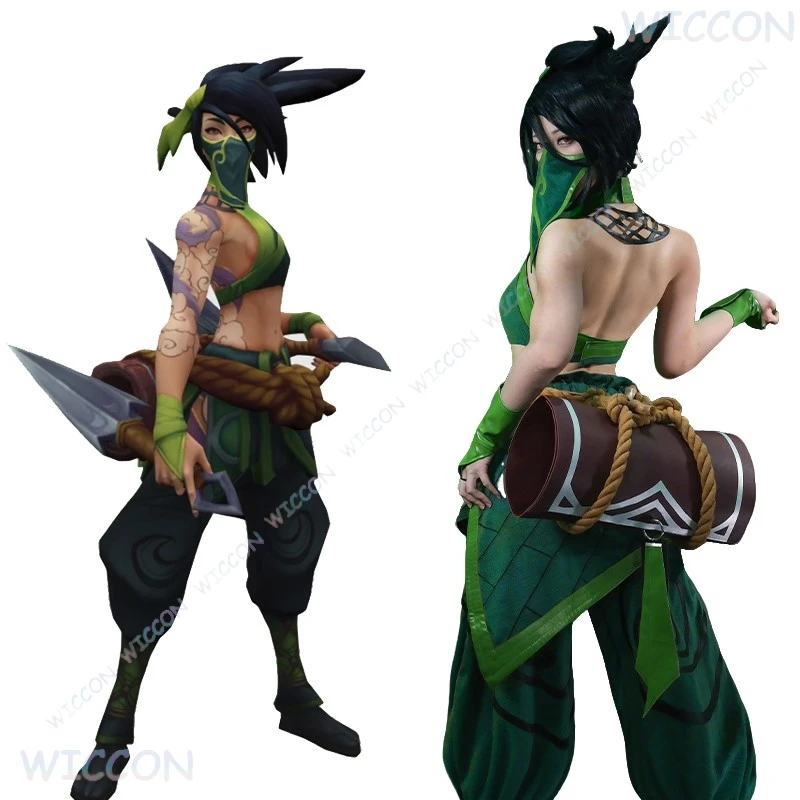 

LOL Akali Cosplay Costume League Skin of Legends THE ROGUE ASSASSIN Green Suit Clothes Halloween Women Sexy Roleplay Uniforms