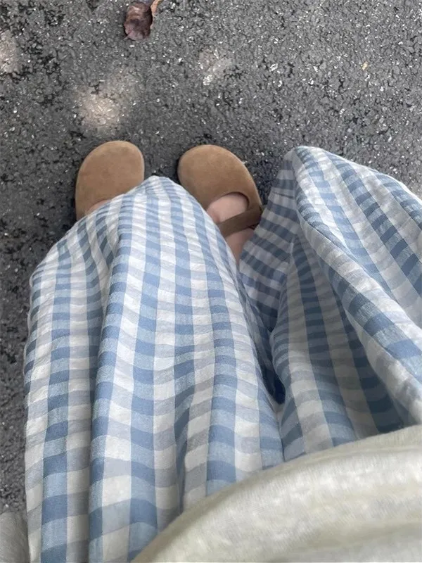 Dopamine Blue Plaid Pants Women's Summer New Style Small Size Carrot Balloon Pants Wide Leg Lantern Pants Casual Cotton Linen