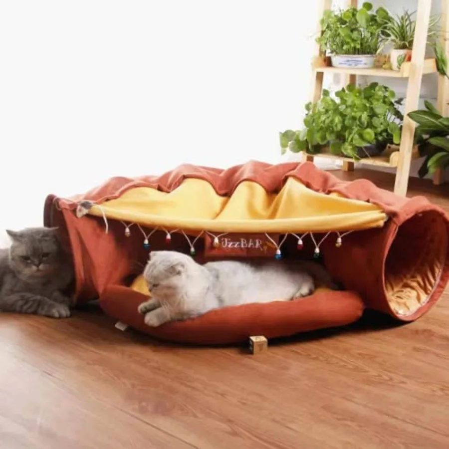 

2-in-1 Collapsible Cat Tunnel for Indoor Bed and Hideout - Pet Dog Rabbit Bunny Ferret Tunnel Tubes Toys with Removable Washabl