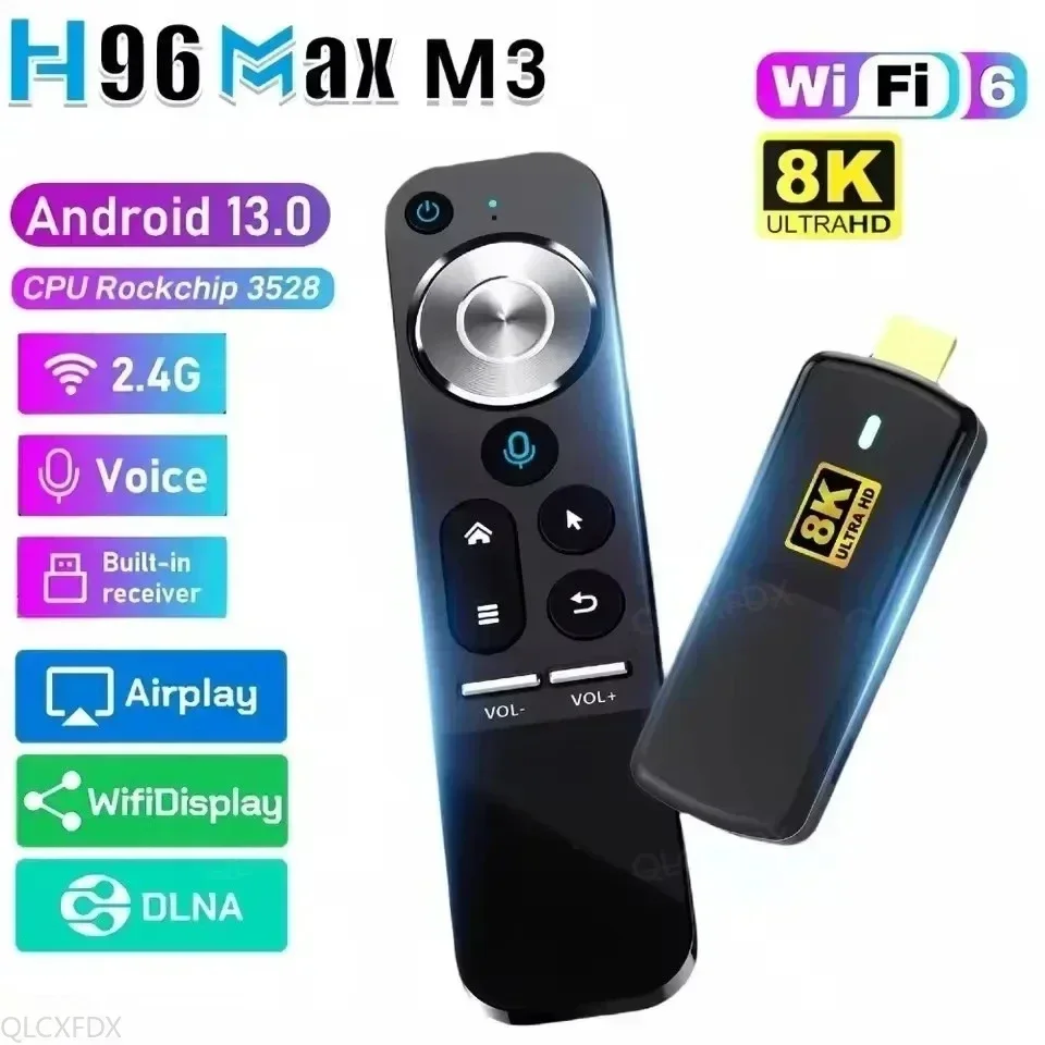 H96 Max M3 Smart TV Stick BT 5.0 Android 13.0 RK3528 HD 4K WIFI 6 Build In Voice Control TV Dongle 2.4G Android TV Box 2GB 8GB