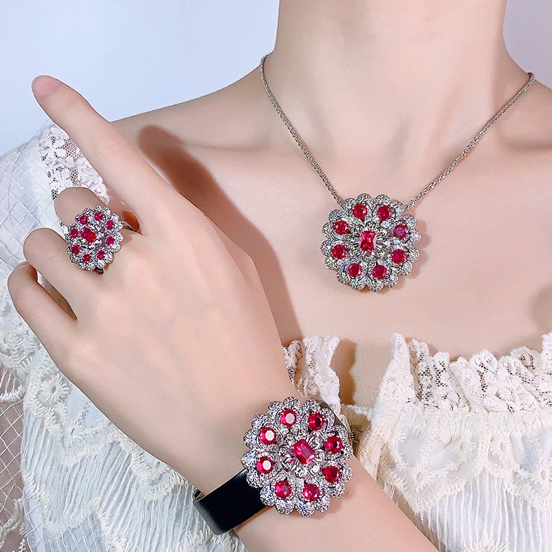 

Copper plating18KGold Jewelry Set with Red Ruby Flowers, Light Luxury Necklace, Ring, Bracelet for Women, Wholesale Customizatio