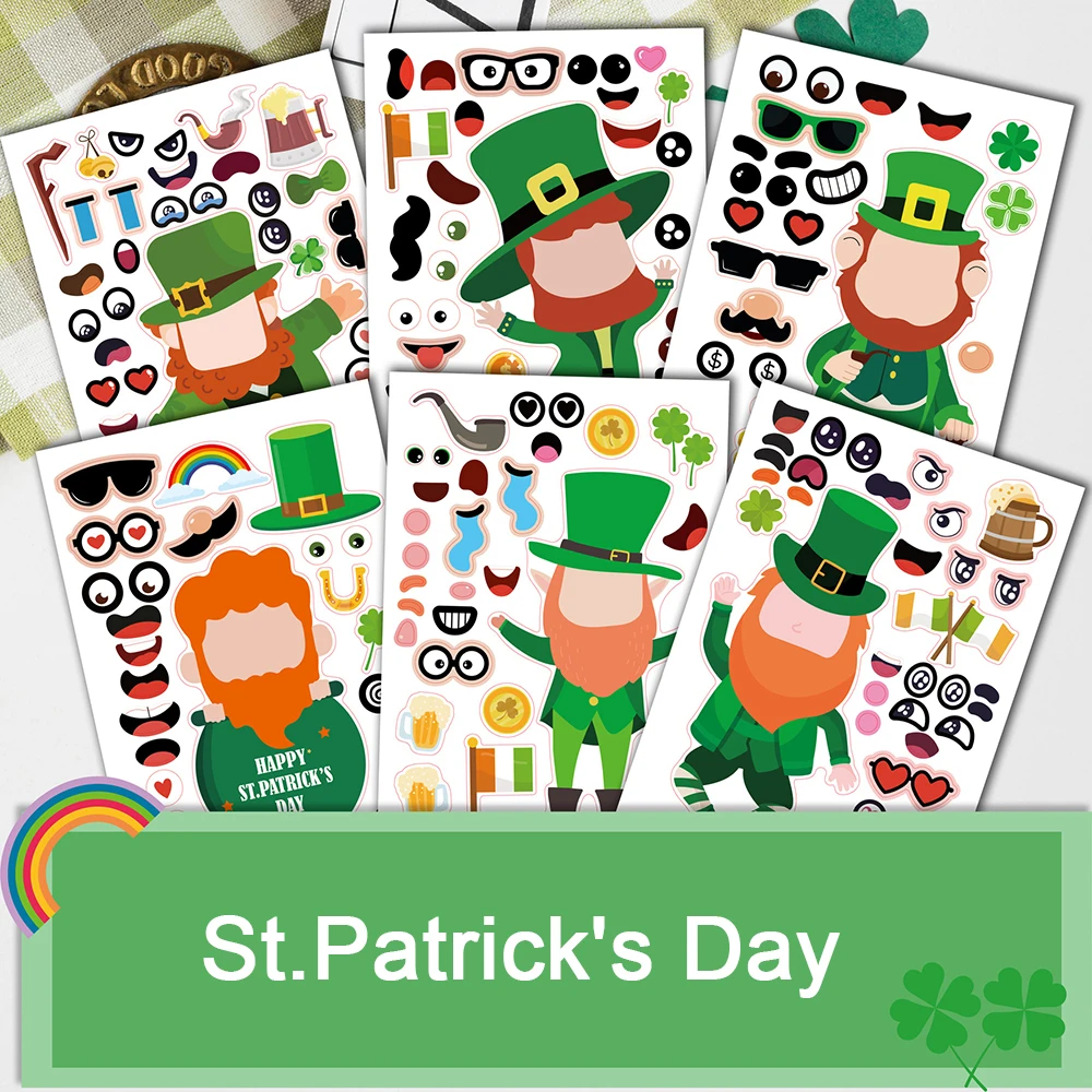 6/12Sheets St. Patrick's Day Puzzle Stickers Make a Face Cartoon Assemble Jigsaw Games Funny Toys Gift For Kids Amazing Sticker