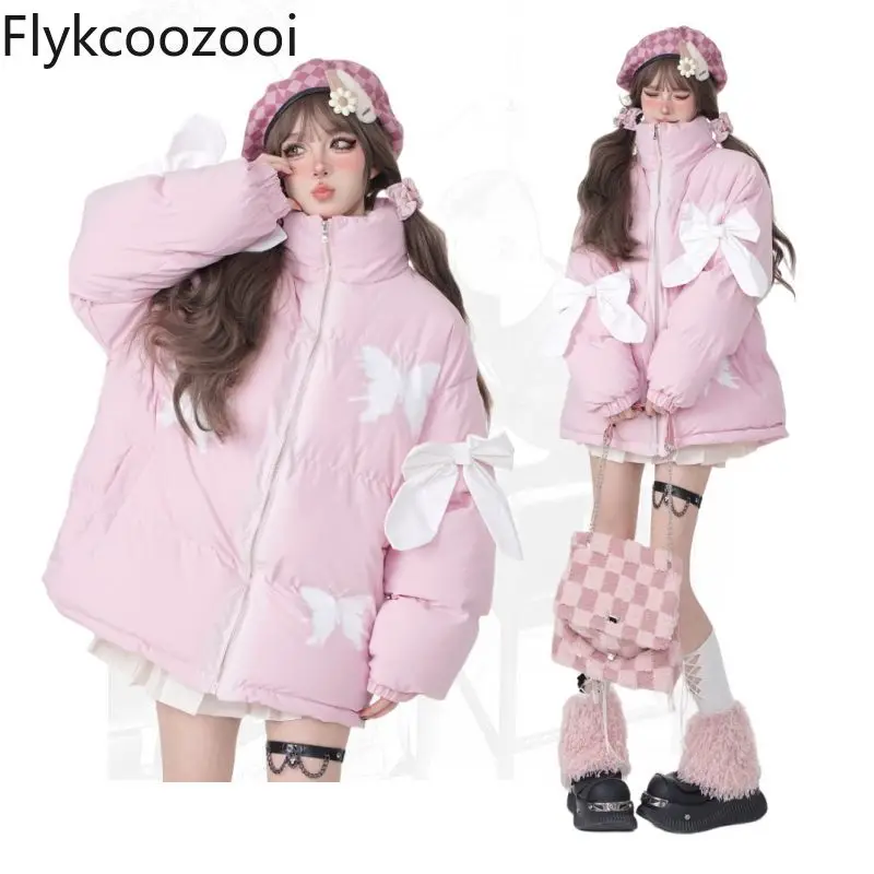 Casaco acolchoado de algodão feminino, grosso, rosa, arco de borboleta, top térmico, jaqueta puffer, doce, fofo, outono, inverno