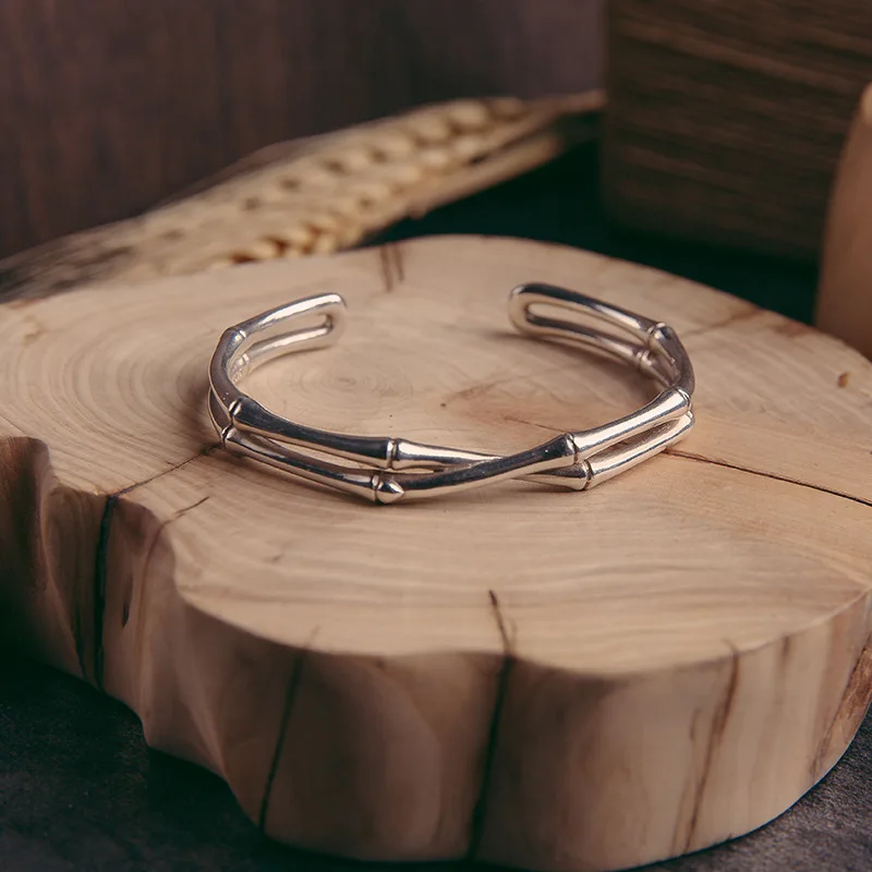 Women Double Layer Bamboo‑Joint Open Cuff Bangle 925 Sterling Silver Minimalist Niche Design Elegant Temperament Female Wrist Je