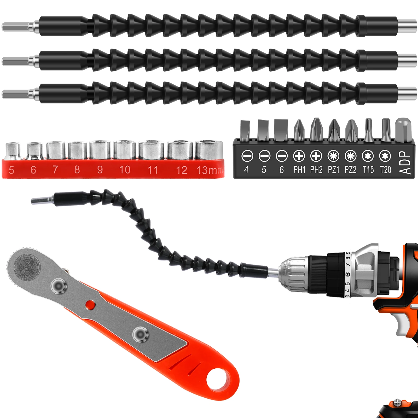 Flexible Shaft Drill Bit Extension Set Soft Shaft Screwdriver Kit with 10 Screwdriver Bits 9 Sockets and 1 Wrench Drill