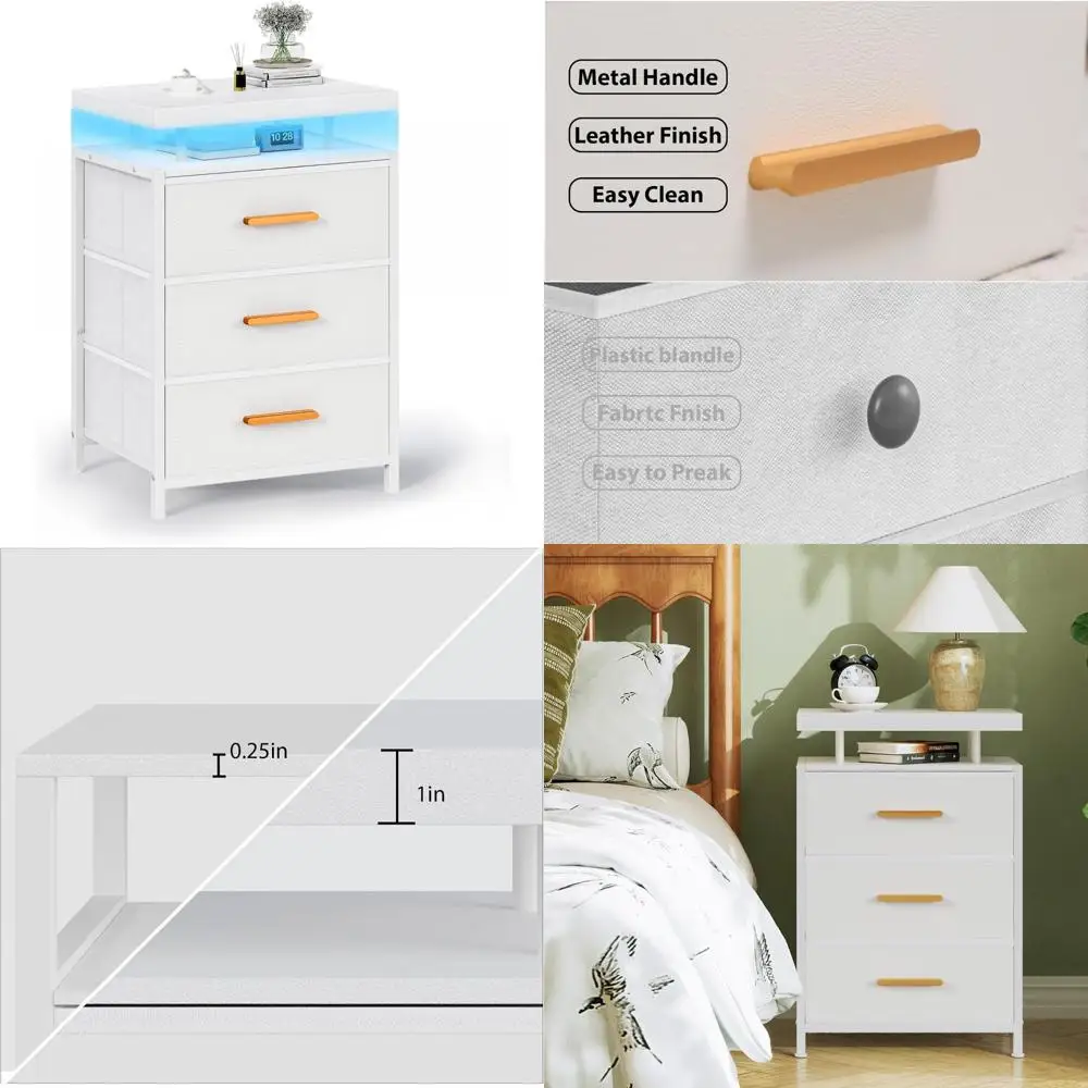 

Contemporary White Nightstand with Drawers and LED Light, Bedside Table Featuring Open Shelf and PU Leather Drawers, Compact End