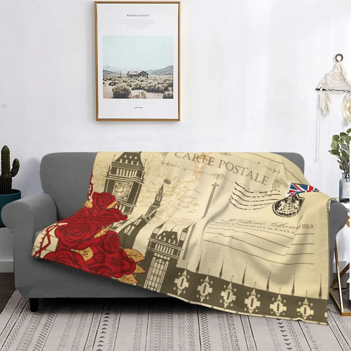 Romantic Retro Postcard Big Ben London Uk Knitted Blankets Flannel Super Warm Throw Blanket for Airplane Travel Bedspread