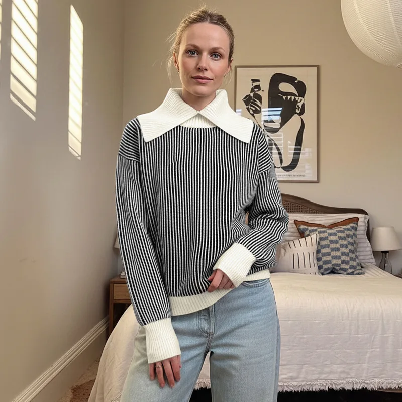 HXWC181 2025 خريف شتاء جديد عادية ريترو ستايل تصميم تحسس كبير بدوره إلى أسفل طوق شبه الياقة المدورة سويتر مقلم المرأة #3