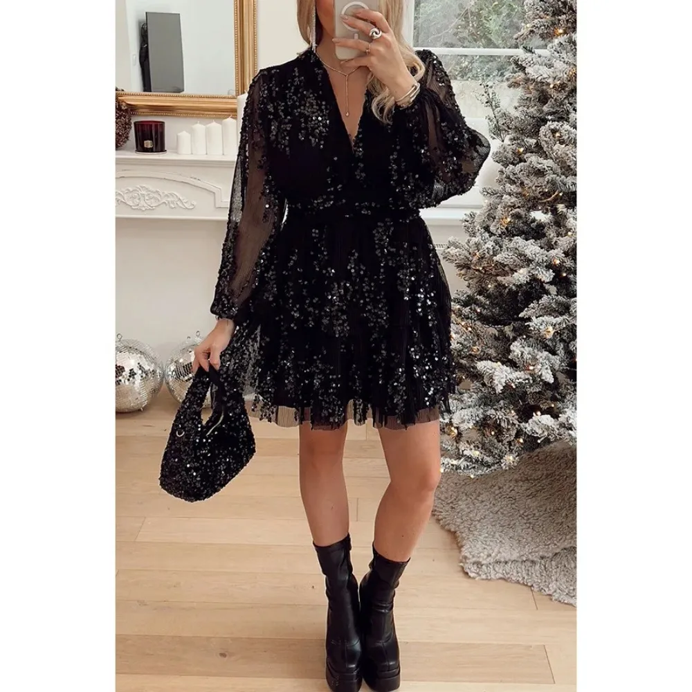 Women's Sequin Ruffled Dress, High Waisted, A-line Dress, Elegant, V-neck, Long Sleeved, Fashion, Autumn, 2021