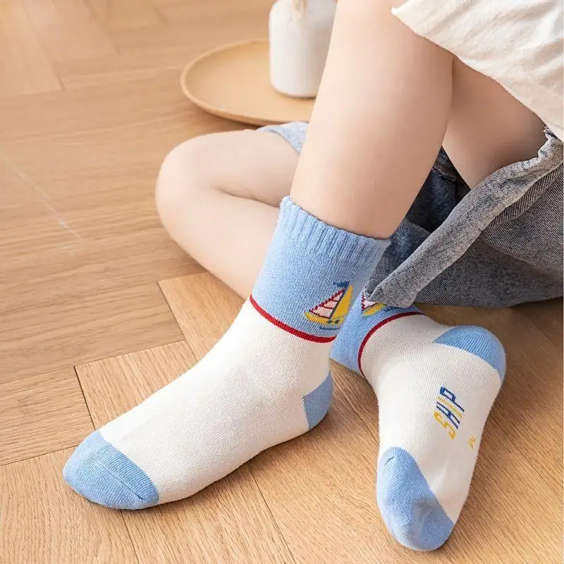 5 Pairs Children Cartoon Ship Pattern Socks  Boys Cotton Mid‑Calf Sock Soft Breathable Casual Kid Socks