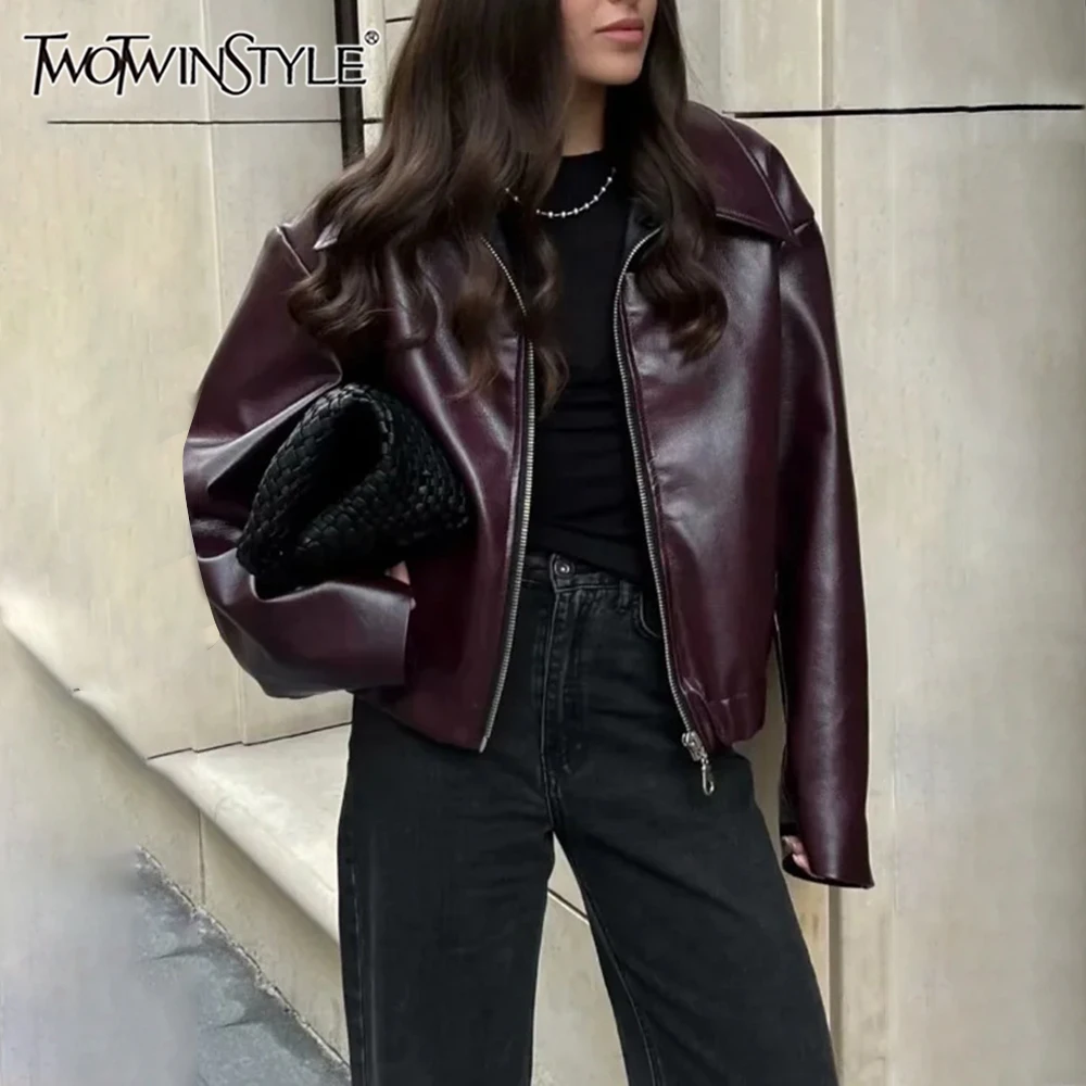 TWOTWINSTYLE Solid Temperament Leather Jackets For Women Round Neck Long Sleeve Spliced Single Breasted Casual Jackets Female